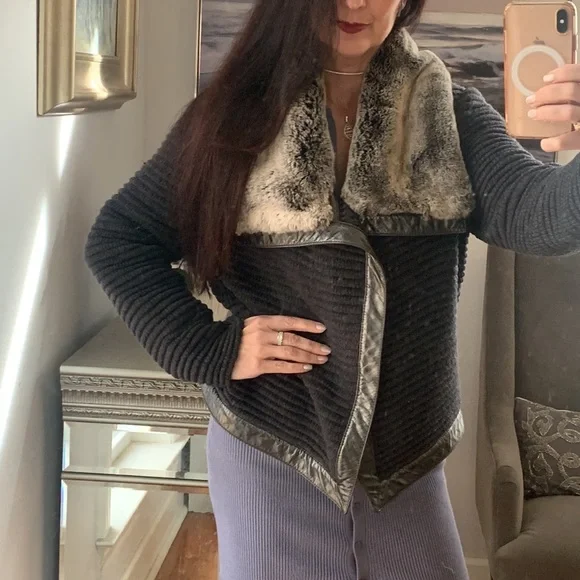 ST. JOHN Designer fur Coat Jacket Leather Wool Rabbit Gray S 4 6 Luxury - Picture 11 of 14